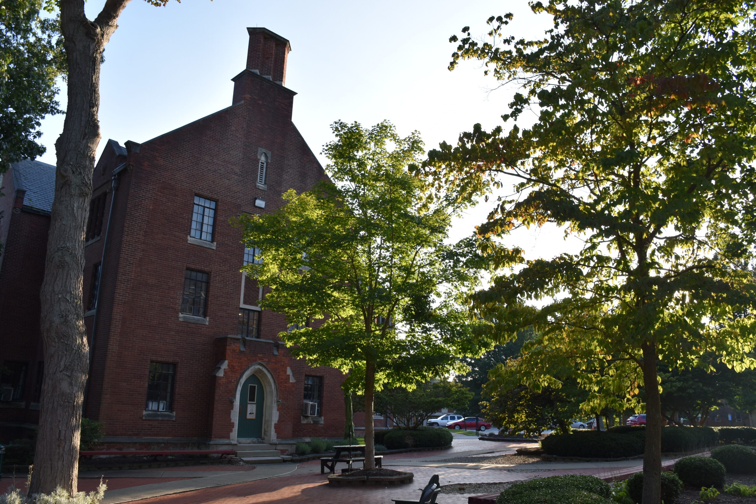 Outside of Phillips Hall at sunset