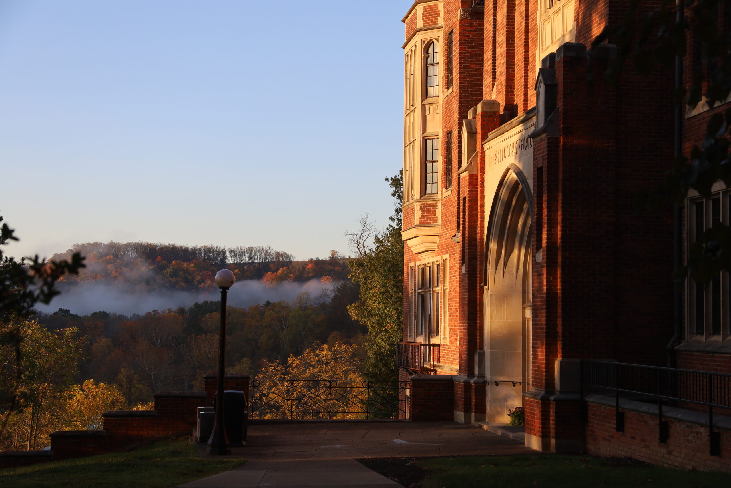 Outside of Phillips Hall at sunrise